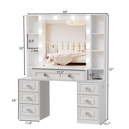 FURNJOYLIFE Farmhouse Makeup Vanity with Lighted Mirror & Charging Station, Vanity Desk Dresser Table with 3 Lighting Modes Brightness Adjustable,Drawers,Shelves,Hair Dryer Stand for Bedroom,White