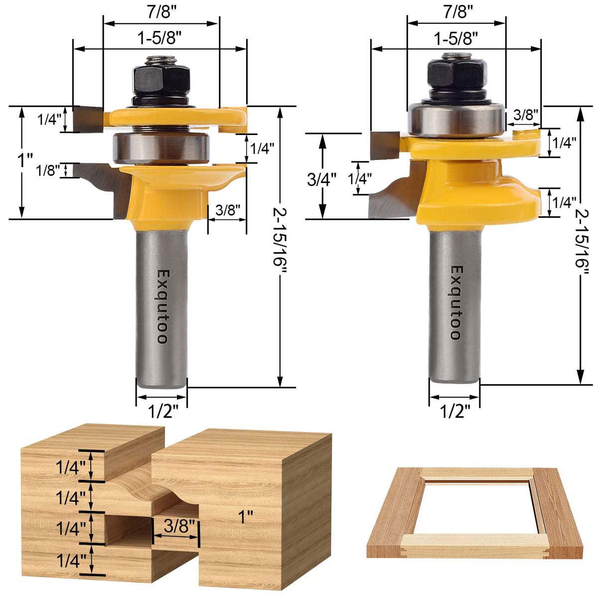 Exqutoo 3PCS 1/2" Shank Router Bit Set, Raised Panel Cabinet Door Making Router Bits, Cemented Carbide Router Bits, Woodworking Tools Router Door & Window Bits (Tenon Joint Cutter Diameter: 1-5/8") Exqutoo