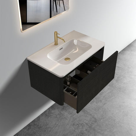 YSJZYBF 30" Bathroom Vanity Sink Combo Single Sink Wall Mounted Bathroom Cabinet with Ceramic Sink Modern Bathroom Sink Cabinet with Soft Close Drawers, Black YSJZYBF
