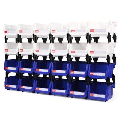 Shineyaplus Stackable Storage Bins 24 Pack (5x4x3 Inch), Plastic Stackable Storage Organizer Bins Wall Mounted Hanging Small Parts Bin for Garage, Workbench & Office (Blue & White)