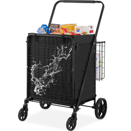 VEVOR Folding Shopping Cart with Removable Waterproof Liner, 330LBS Large Capacity Jumbo Grocery Cart with Dual Basket, 360° Swivel Wheels, Dense Metal Mesh Base, Heavy Duty Utility Cart for Shopping VEVOR