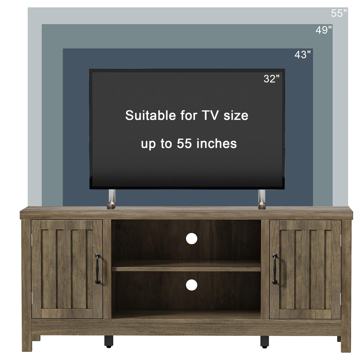 ChooChoo Farmhouse TV Stand, Wood Fluted Door Entertainment Center with Storage Cabinets and Open Shelves, Rustic Media Console up to 55 inches for Living Room, Bedroom, Grey Wash ChooChoo