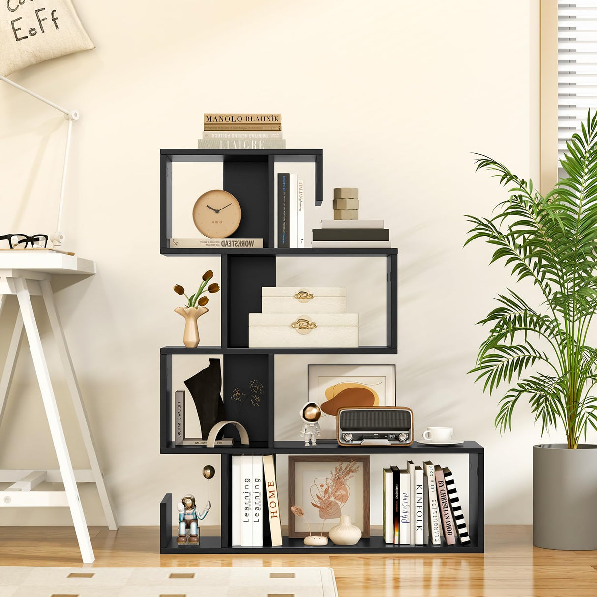Giantex 5-Tier S-Shaped Bookshelf, Geometric Bookcase w/Open Cubes, Modern Decorative Display Shelf w/Anti-Toppling Kits, Freestanding Storage Rack for Living Room, Study, Home, Office, Black Giantex