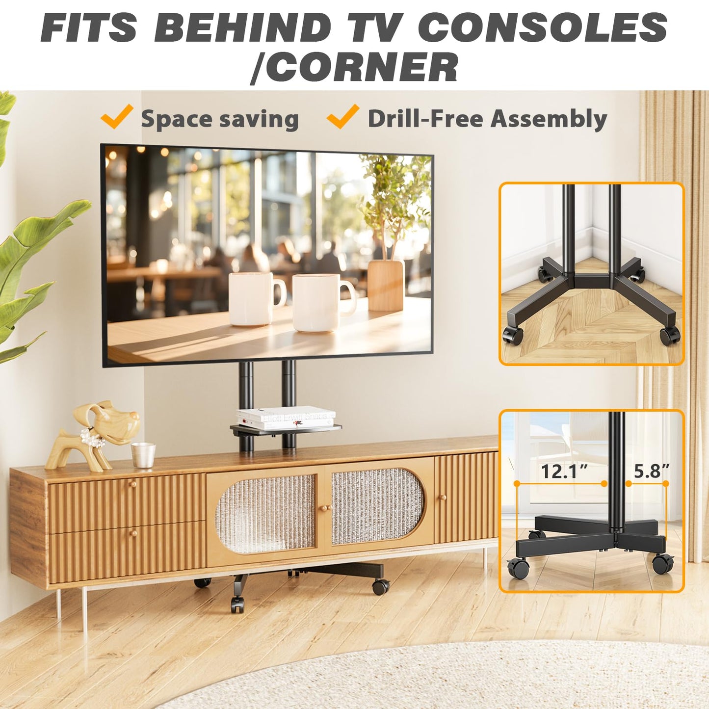 Rolling TV Stand with Upgraded Wheels for 32-70 Inch TVs, Height Adjustable Mobile TV Stand with Laptop Shelf, Mobile TV Cart with Heavy Duty Structure up to 88lbs for Living Room, Patio, Office