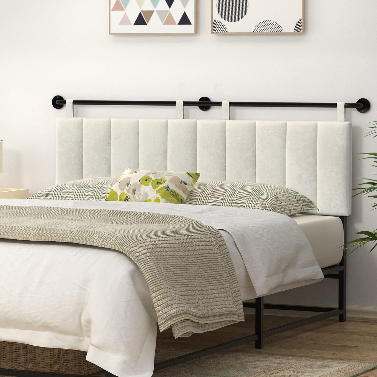 Adjustable Wall-Mounted Velvet Headboard for King Size Bed - Elegant Beige Design BSHOMGI