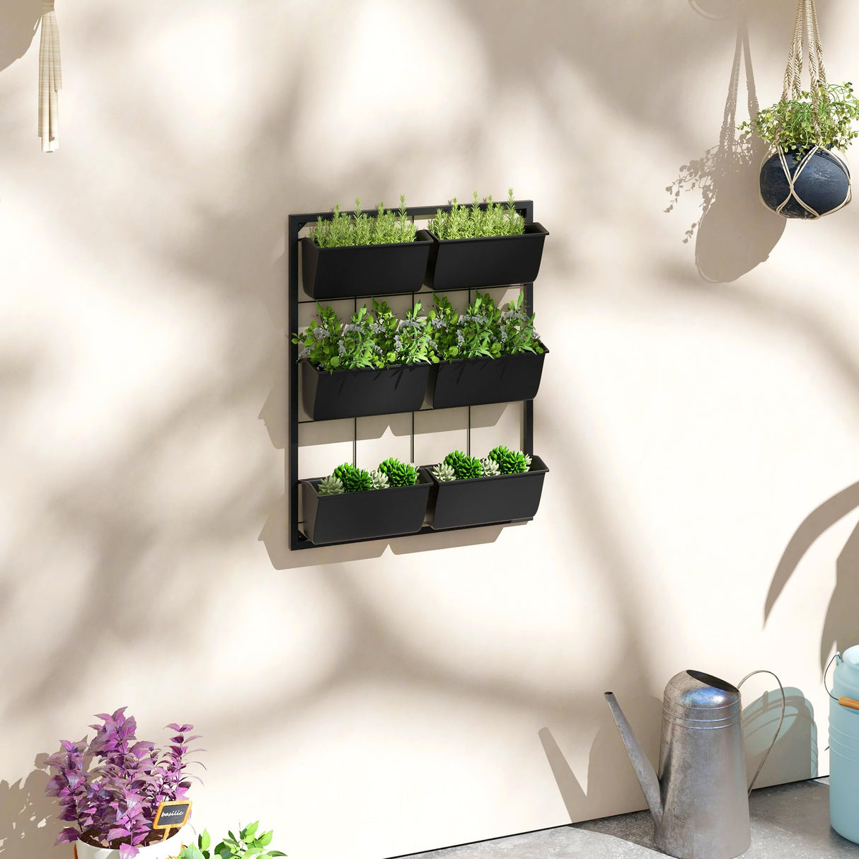 Outsunny 3-Tier Wall Planter with 6 Pots for Indoor and Outdoor Use, Hanging Plant Holder, Self Draining Wall Mounted Planter for Vegetables, Flowers, Herbs, Black Outsunny