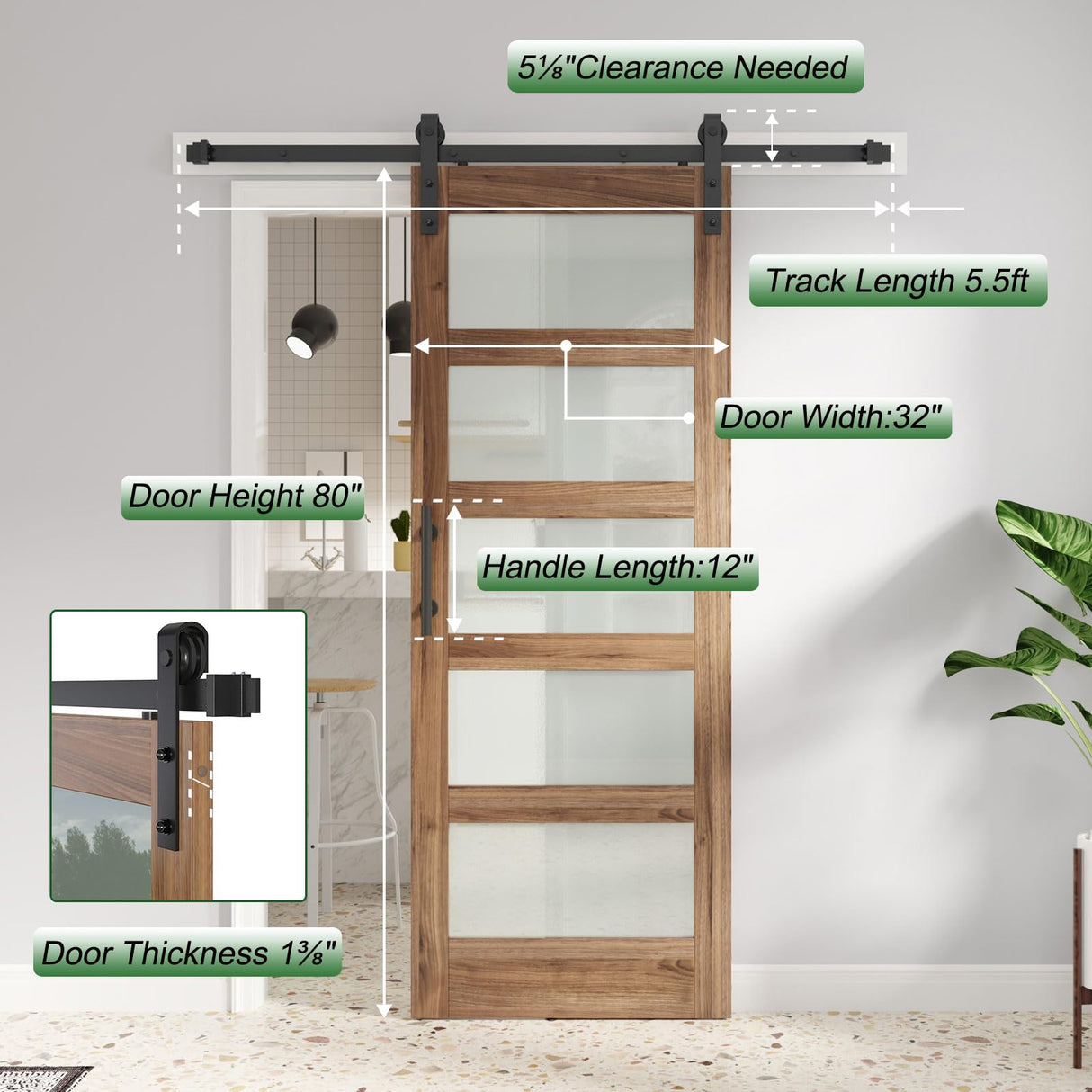 FREDBECK 32in x 80in inch Glass Barn Door with 5.5FT Sliding Barn Door Hardware Kit Included,5-Panel Frosted Glass Wood Panel,Water-Proof Surface,Need Assembly,Fit 29in -30in Opening FREDBECK