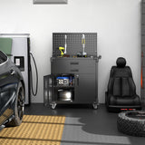 GangMei Black Tool Cart with 2 Drawer and Lockable Door,Garage Storage Cabinet on Wheels with Pegboard and 4 Hooks,Industrial Service Utility Tool Cart for Mechanics, Garage, Workshop GangMei