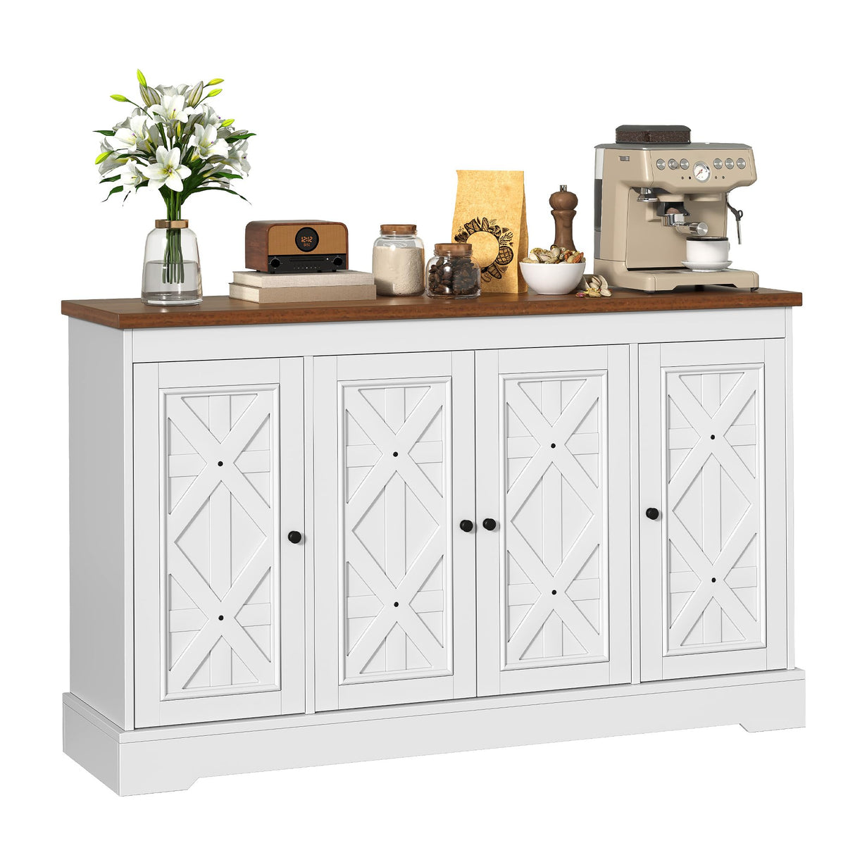 YITAHOME Sideboard Buffet Cabinet with Storage, 59" Buffet Storage with 4 Doors, Modern Farmhouse Coffee Bar Station Wood Kitchen Table with Adjustable Shelves for Kitchen, Living Room (White) YITAHOME