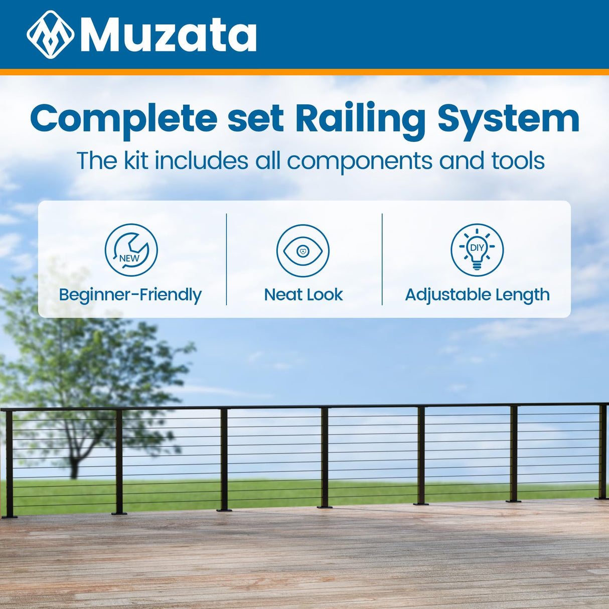 Muzata 19'6"-26' Complete Black Cable Railing Kit 36 Inch Cable Railing System for Decks with Post Handrail Length Adjustable Easy DIY with User Guide Complete Set RCS2 BH4S Muzata