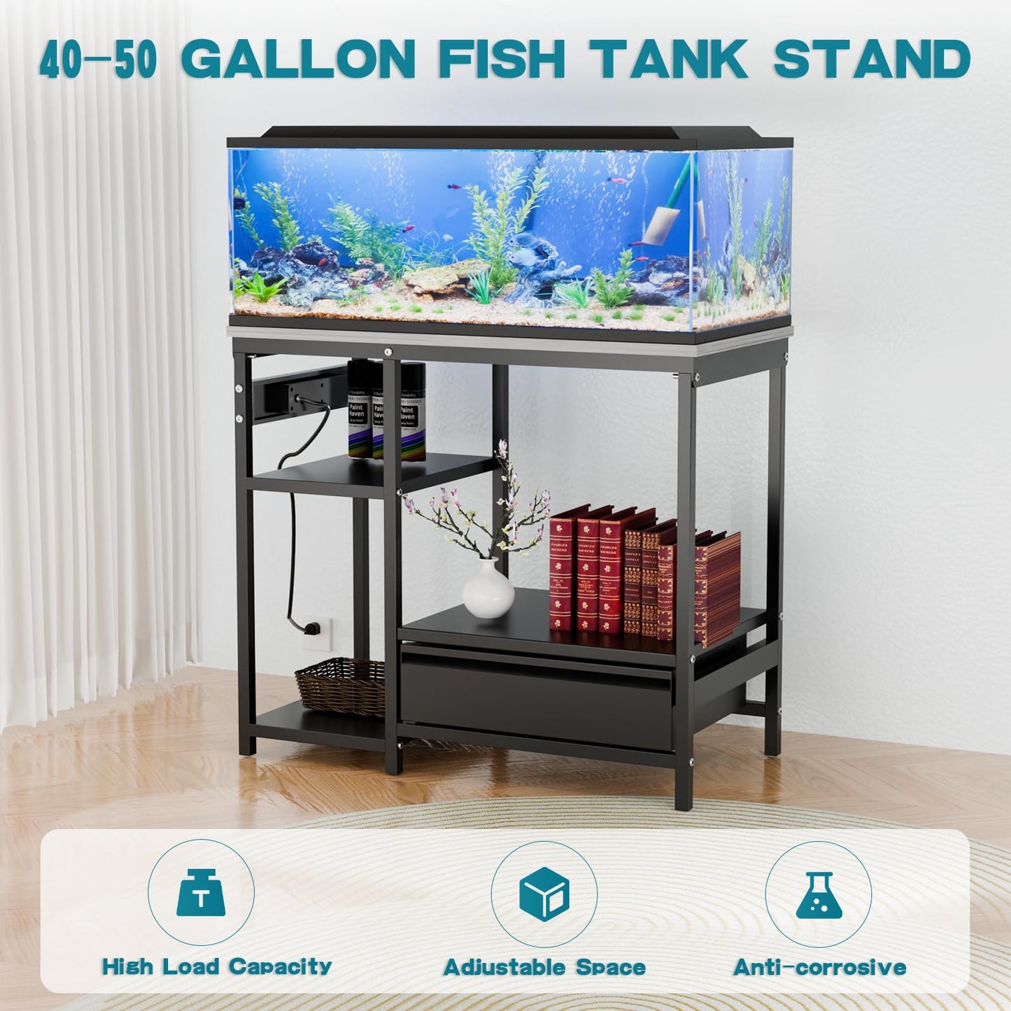 40-50 Gallon Fish Tank Stand Aquarium Stand with Power Outlet 36.6''×19.7'' Fish Tank Table with Drawer fits Aquarium Turtle Tank or Reptile Terrariums