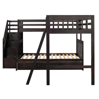 Espresso L Shaped Triple Bunk Bed with Stairs & Storage for Kids, Teens, and Adults - Twin Over Full Design - WoodArtSupply