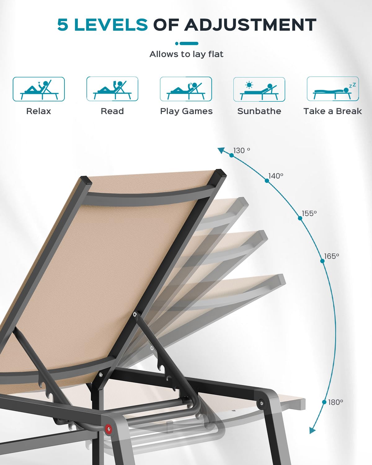 Aluminum Chaise Lounge Ourdoor - Foldable & Assemble Free Outdoor Lounge Chair with 5 Adjustable Backrest, Patio Lounge Chair for Outside Poolside Beach Pool, Khaki