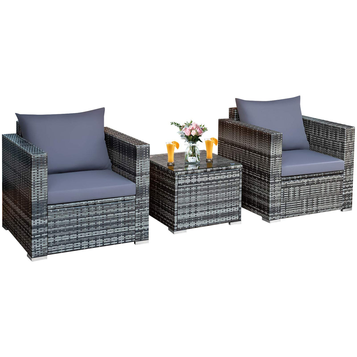 Tangkula 3 Pieces Patio Furniture Set, PE Rattan Wicker Sofa Set w/Washable Cushion and Tempered Glass Tabletop, Outdoor Conversation Furniture for Garden Poolside Balcony Tangkula