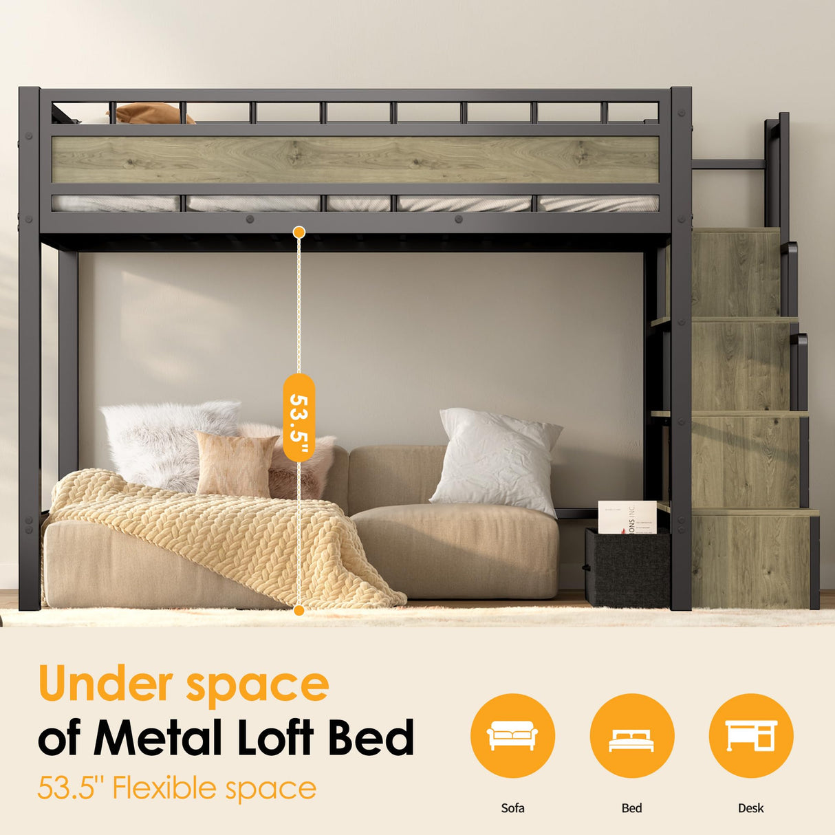 SogesSleep Loft Bed Twin Size with Stairs, Heavy Duty Metal Loft Bed Frame with Storage and Large Under-Bed Space for Teens and Junior, Space Saving Design & No Box Spring Needed, Black SogesSleep