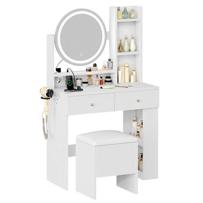 YITAHOME Vanity Desk Set with Large LED Lighted Mirror & Power Outlet - Makeup Table with 2 Drawers, 3 Open Shelves & Hair Dryer, Storage Stool for Bedroom, White - WoodArtSupply