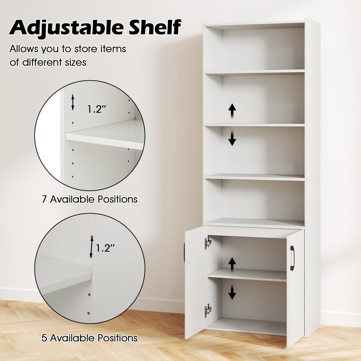 Giantex 70" Bookcase with 2 Doors, 6-Tier Modern Bookshelf w/Cabinet, Elegant Storage Cabinet, Adjustable Shelves, Multipurpose Display Rack, Storage Organizer for Living Room Bedroom Study (White) Giantex