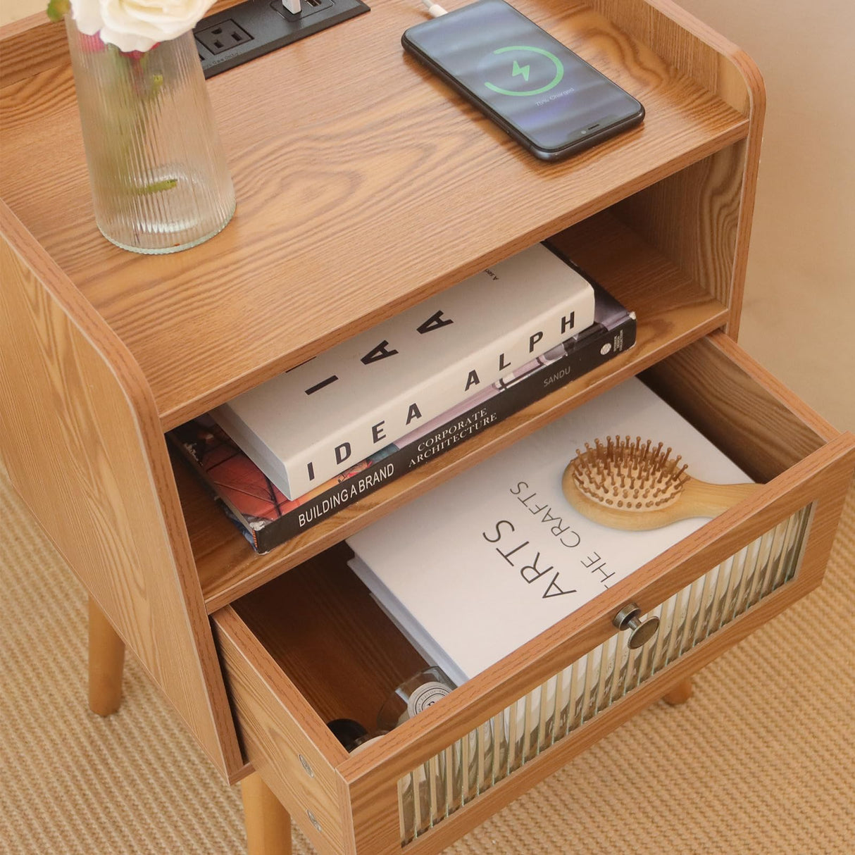 AWASEN Mid Century Nightstand with Charging Station, Modern Bedside Table with Glass Decorative Drawer, Small End Table Side Table with 2 Tiers Storage for Bedroom, Office and Small Space(Brown) AWASEN