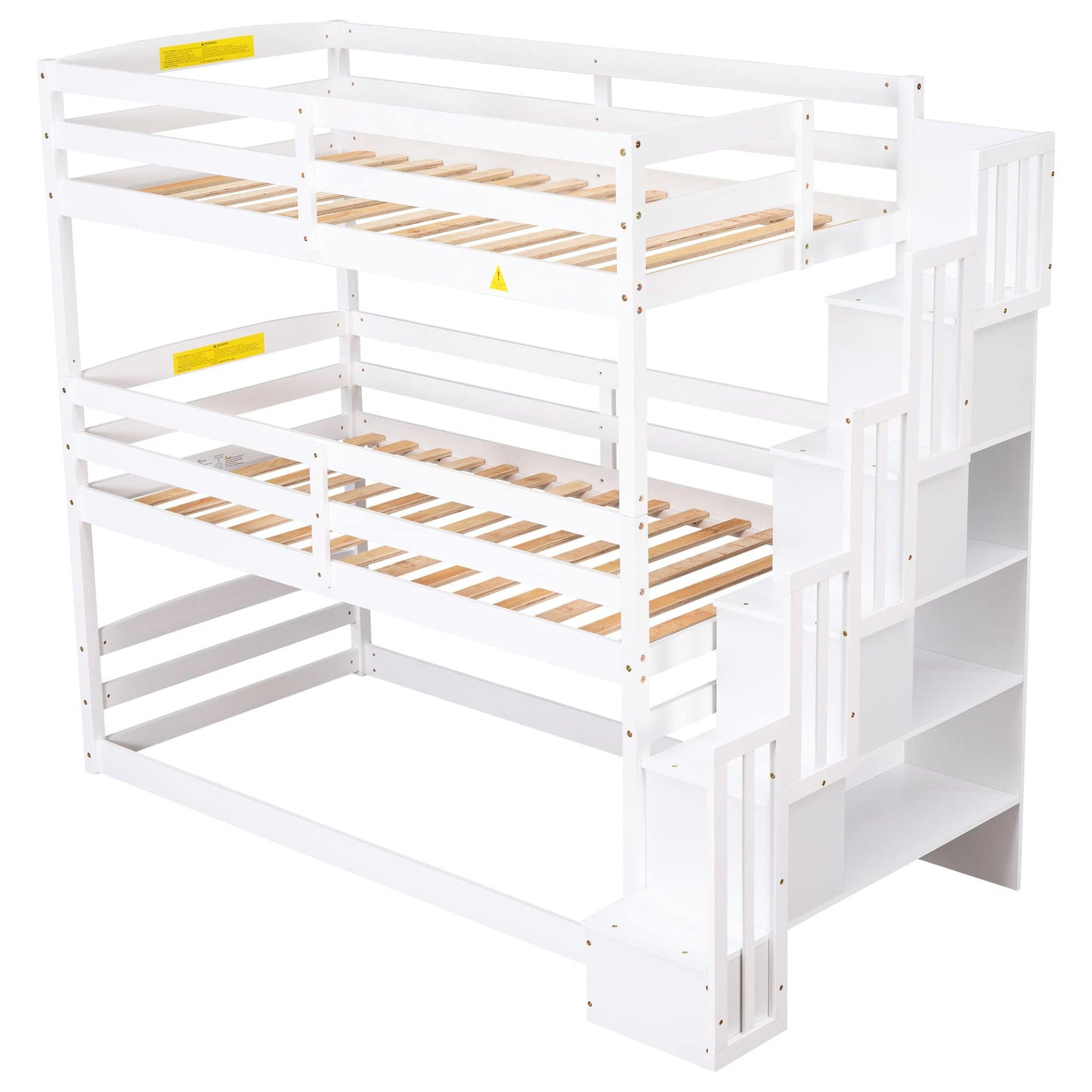 Harper & Bright Designs Twin Size Triple Bunk Bed with Stairs and Storage, Solid Wood Twin Over Twin Over Twin Bunk Bed Frame for 3 Kids Girls Boys, Separate Design (White)