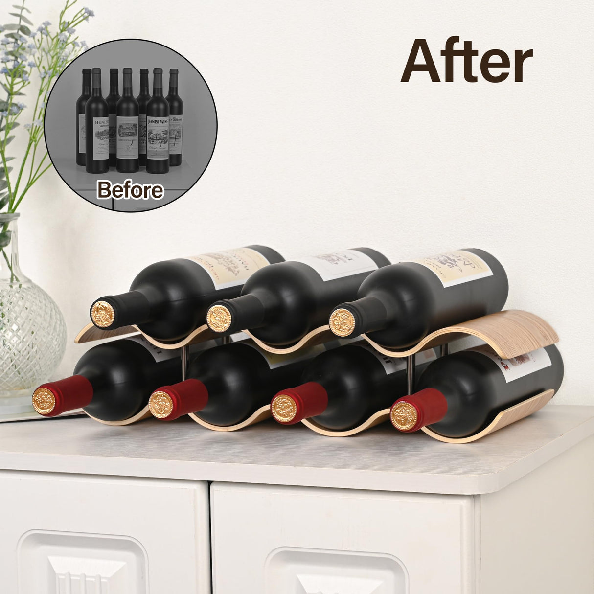 TRUDING Countertop Wine Rack - 7 Bottle Freestanding Wine Bottle Holder Stand - 2 Tier Wooden Wine Storage Rack - Wavy Wine Organizer for Cabinet Pantry Home Kitchen Bar TRUDING