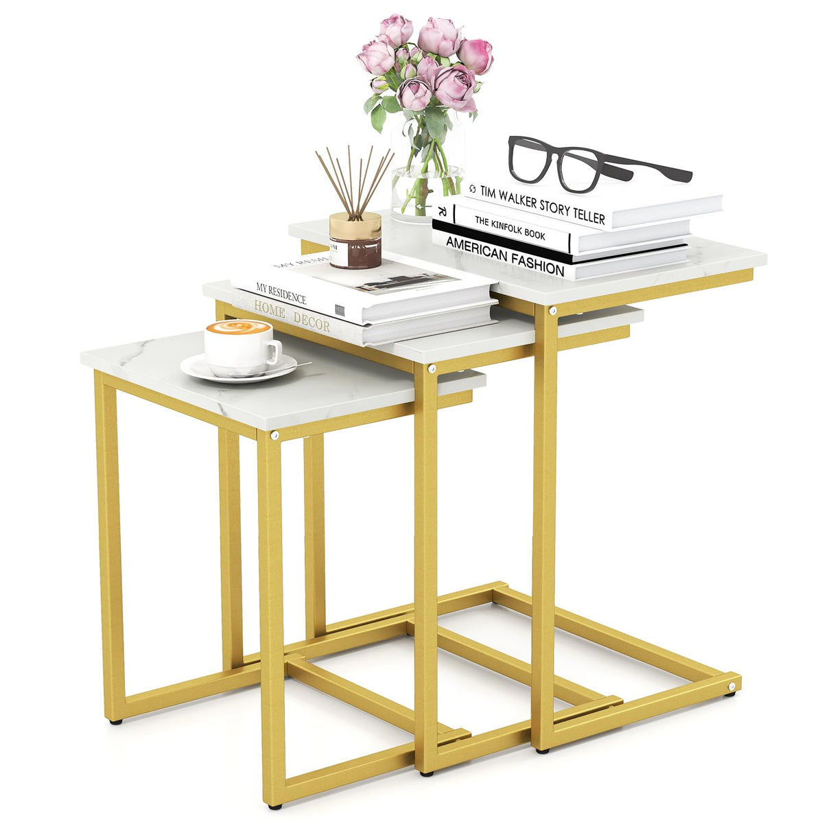Giantex Nesting Coffee Table Set of 3, Stackable Square End Table w/Faux Marble Tabletop & Heavy-Duty Metal Frame, Farmhouse C-Shaped Accent Table for Small Space, Living Room, Bedroom (White Gold) Giantex