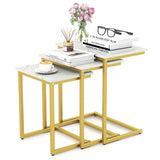 Giantex Nesting Coffee Table Set of 3, Stackable Square End Table w/Faux Marble Tabletop & Heavy-Duty Metal Frame, Farmhouse C-Shaped Accent Table for Small Space, Living Room, Bedroom (White Gold) Giantex