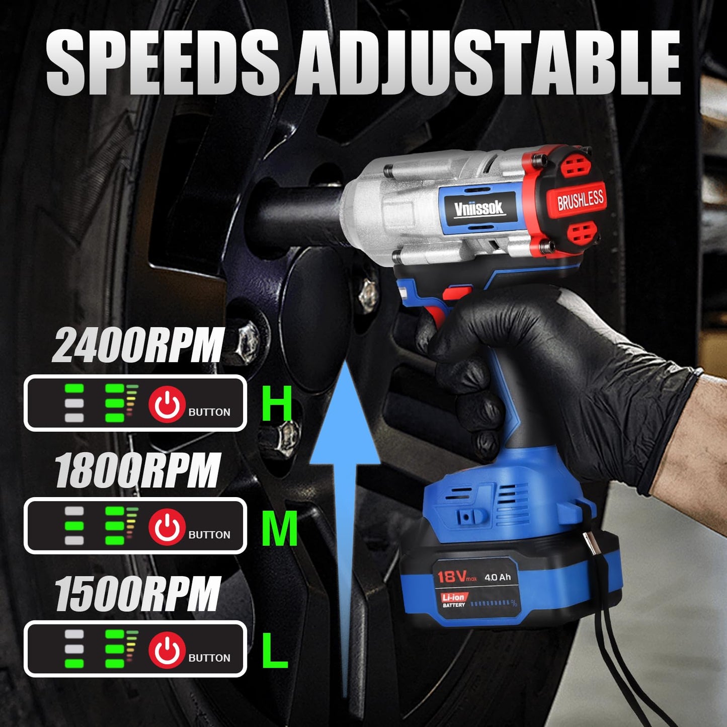 Vniissok Cordless Impact Wrench, 1000N.m(740ft-lbs) High Torque Brushless Impact Gun with 2 x 4.0Ah Batteries, Electric Impact Driver for Car Tires Truck Mower - WoodArtSupply