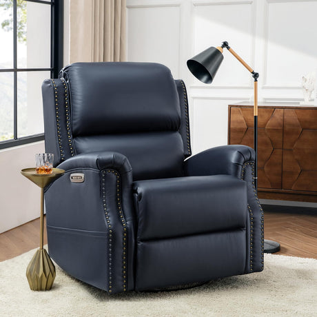 HULALA HOME Genuine Leather Recliner with One-Button Reset, Power Recliner with Electric Lumbar Support and Headrest, Traditional Swivel Rocker Recliner with USB Port and Storage Pocket, Navy HULALA HOME