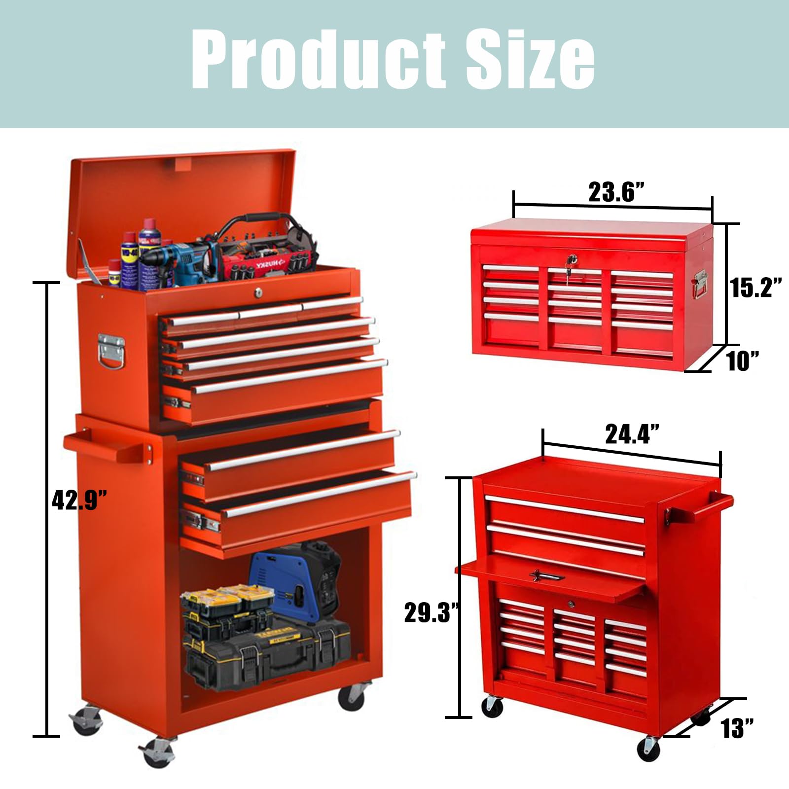 Clickoods Tool Chest Heavy Duty Rolling Tool Box with Cabinet 8-Drawer for Lockable & Removable Cabinet for Garage and Workshop - Red - WoodArtSupply