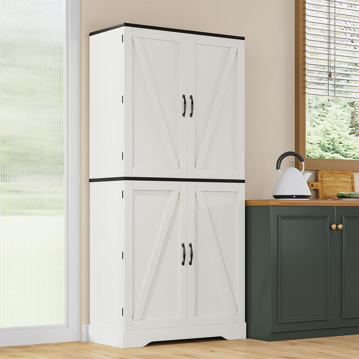 REVOMINCA 72" Kitchen Pantry Cabinet, Farmhouse Pantry Cabinet with 8 Hanging Rack Shelves & 3 Pull-Out Racks, Pantry Storage Cabinet, Freestanding Cupboard for Kitchen, Dining Room, White REVOMINCA