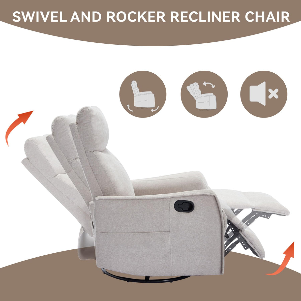 Rocker Recliner Chair for Adults, Swivel Rocker Recliner with Massage and Heat, Adjustable Glider Recliner Nursery Chair with Black Metal Base, Small Recliners for Small Spaces, Living Room (Beige) anwickjeff