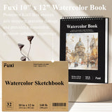 Watercolor Sketchbook 10"x12", 32 Sheets (64 Pages) Water Color Paper, 140lb/300gsm Watercolor Paper, Spiral Hardcover Watercolor Notebook. Fuxi