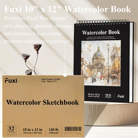 Watercolor Sketchbook 10"x12", 32 Sheets (64 Pages) Water Color Paper, 140lb/300gsm Watercolor Paper, Spiral Hardcover Watercolor Notebook. Fuxi