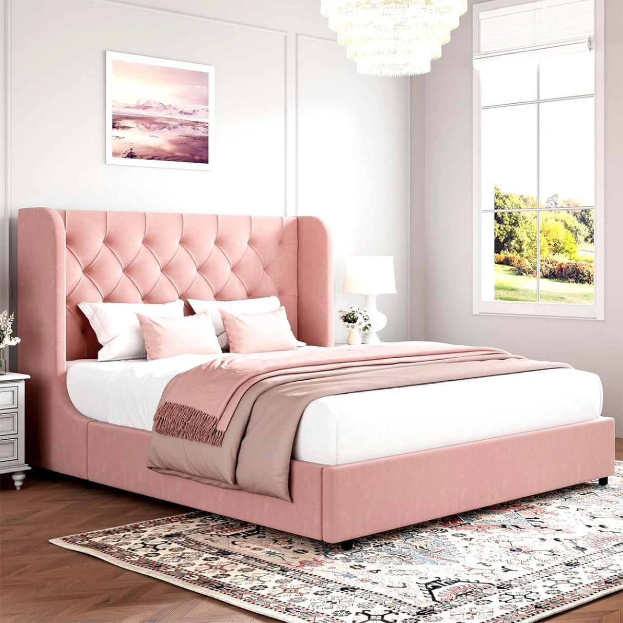 HOMBCK Queen Bed Frame, Upholstered Bed Frame with Headboard, Pink Queen Bed Frame, Wide Wingback, Soft Velvet Bed Frame, No Box Spring Needed, Noise Free, Easy Assembly, Pink HOMBCK