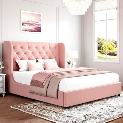HOMBCK Queen Bed Frame, Upholstered Bed Frame with Headboard, Pink Queen Bed Frame, Wide Wingback, Soft Velvet Bed Frame, No Box Spring Needed, Noise Free, Easy Assembly, Pink