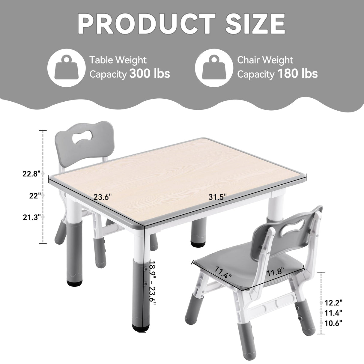 GITAWUSA Kids Study Table and Chairs Set, Height Adjustable Toddler Table and Chair Set for Kids Ages 3-8, 31.5" L x 23.6" W Graffiti Desktop Plastic Children Art Table with 2 Seats, Grey GITAWUSA