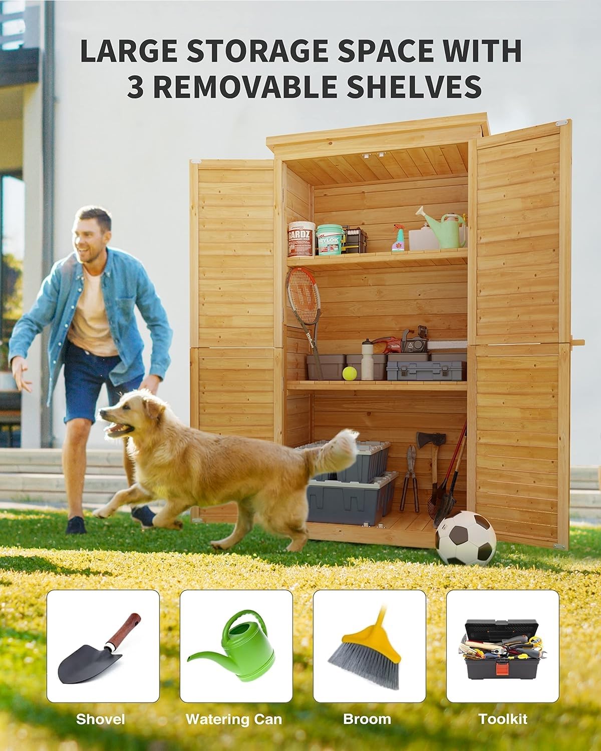 Gizoon Outdoor Storage Cabinet with 3 Shelves, Double Lockable Wooden Garden Shed with Waterproof Roof, Outside Vertical Tall Tool Shed for Yard Patio Lawn Deck-Natural Gizoon