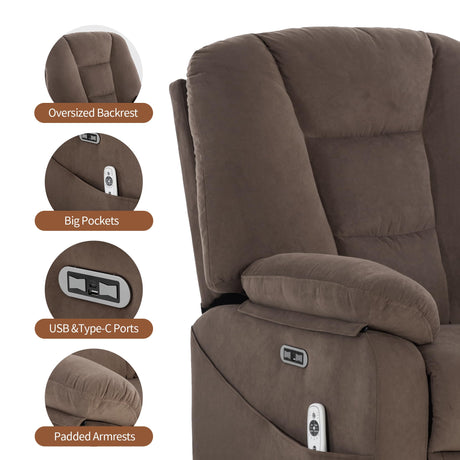 Sftaiyou Power Swivel Rocker Recliner Chair for Adults,Rocking Recliners Chairs with Massage and Heat for Living Room, Electric Fabric Reclining Sofa Chair with USB and Type-C Port (Fabric Brown) Sftaiyou