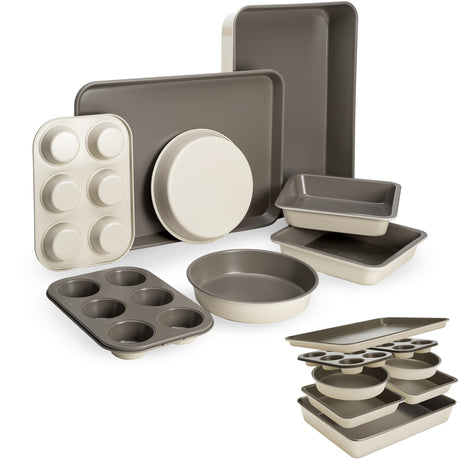 Goodful All-In-One Nonstick Bakeware Set, Stackable and Space Saving Design includes Round and Square Pans, Muffin Pans, Cookie Sheet and Roaster, Dishwasher Safe, 8-Piece, Linen Goodful
