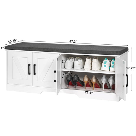 HOMSHO 2-Tier Storage Bench, Shoe Bench with Padded Seat Cushion, Entryway Bench with 4 Barn Doors, Adjustable Shelf, 13.8" D x 47.2" W x 17.7" H, for Entryway, Living Room, Bedroom, White HOMSHO