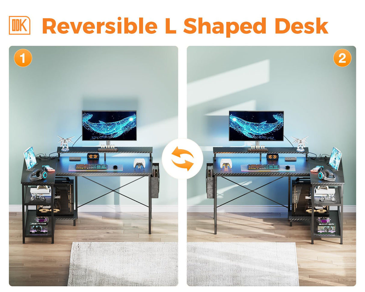 ODK 48 Inch Reversible L-Shaped Gaming Desk with USB Ports, LED Lights & Storage Solutions ODK
