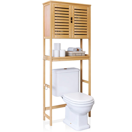 SMIBUY Bathroom Over The Toilet Storage Cabinet, 2 Door Bamboo Cabinet Organizer, Freestanding Space Saver Toilet Rack with Adjustable Inside Shelf and Open Shelf (Natural) SMIBUY