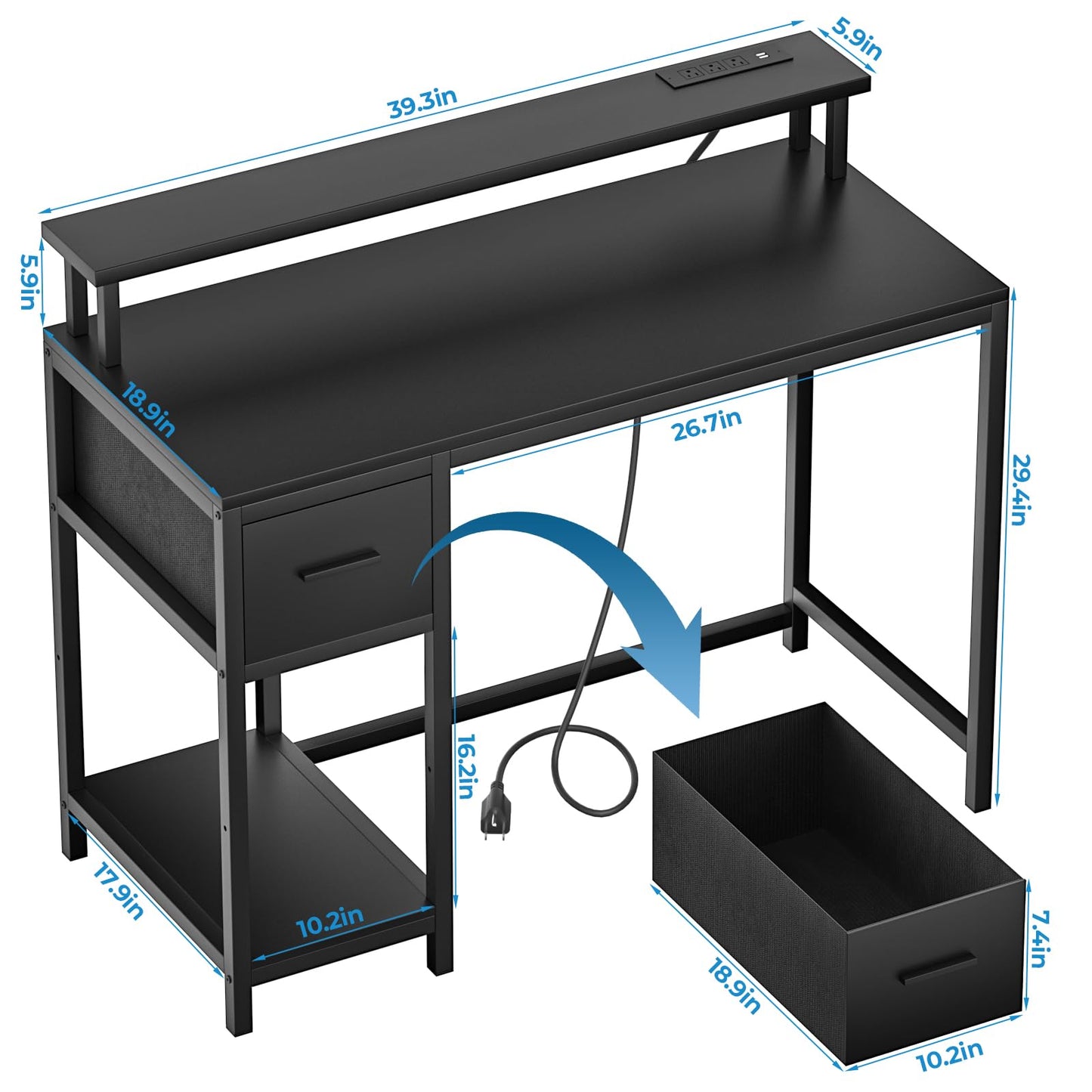 GreenForest Computer Desk with Drawers 39 inch,Gaming Desk with LED Lights & Power Outlets Small Desk with Monitor Stand and Reversible Shelf,Black