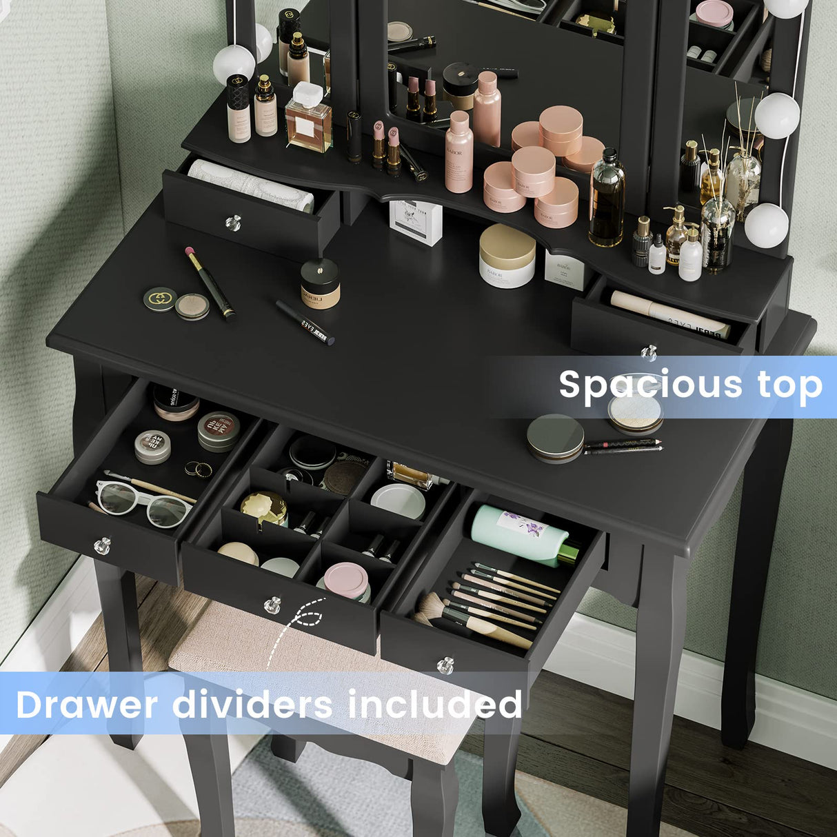 Tiptiper Vanity Desk, Makeup Vanity with Lighted Tri-fold Mirror and Stool, Vanity Set with 5 Drawers, 3 Light Settings & Adjustable Brightness, Black Tiptiper