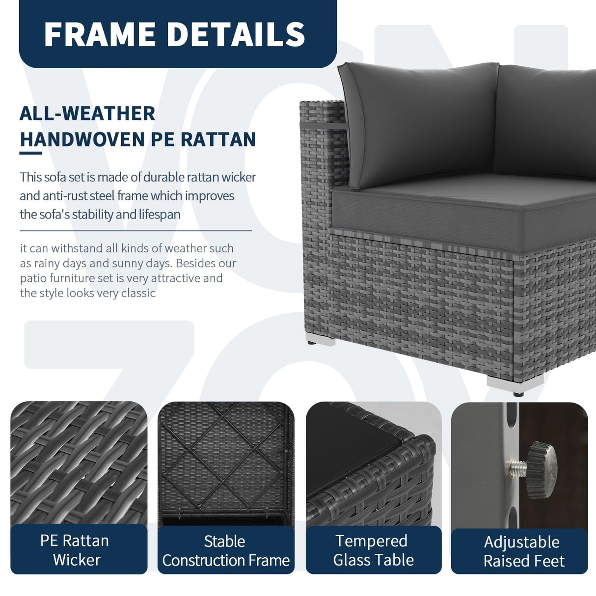 VONZOY Outdoor Patio Furniture Set 7 Pieces Sectional Rattan Sofa Set, PE Wicker Patio Conversation Set with 6 Seat Cushions and 1 Tempered Glass Table and Furniture Cover, Black VONZOY