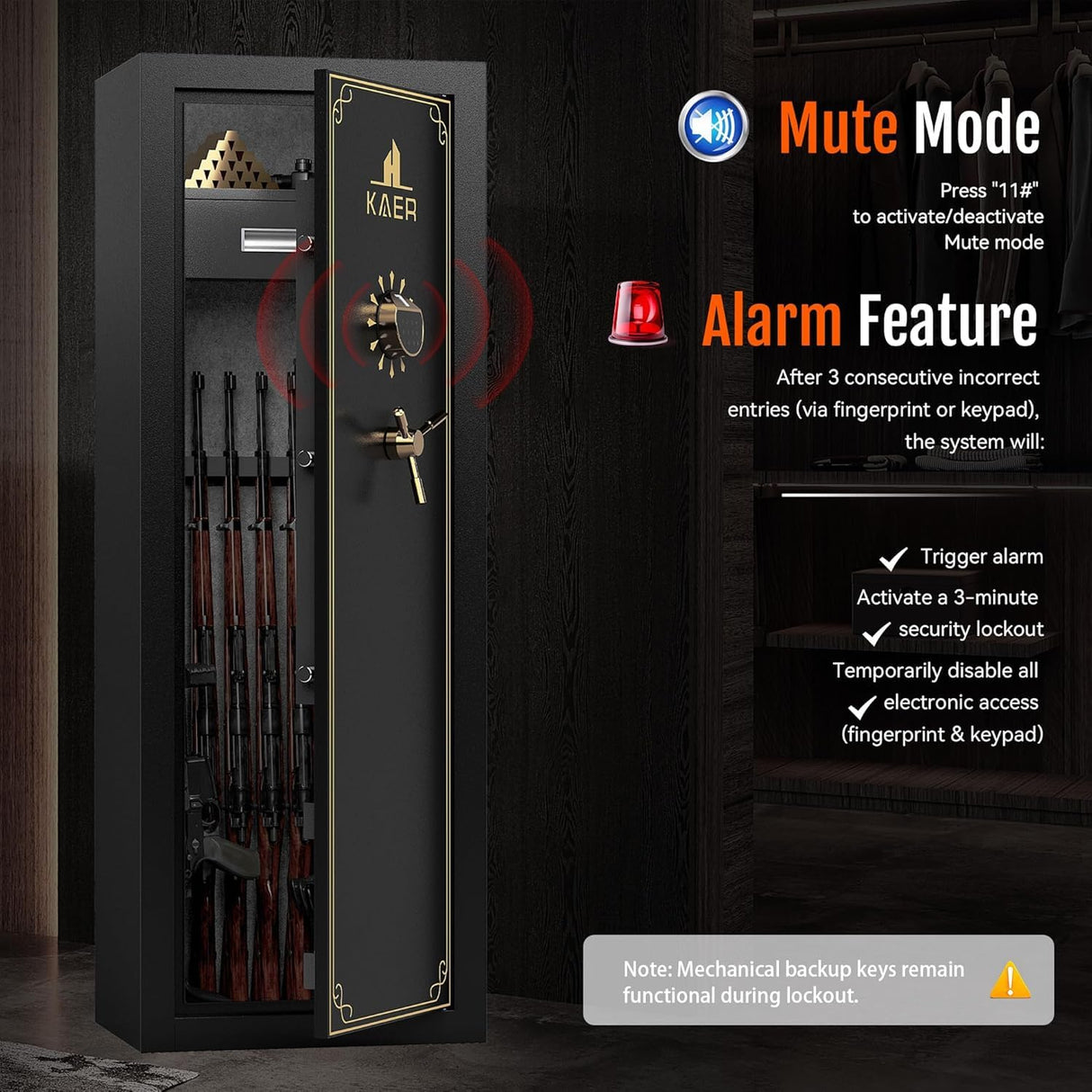 KAER 25 Biometric Gun Safe for Rifles and Pistols, Large Gun Cabinet for Home Rifle, Quick Access Gun Safe with Fingerprint, Rifle Safe with Removable Shelf and Pistol Pocket [No Assembly Required] KAER