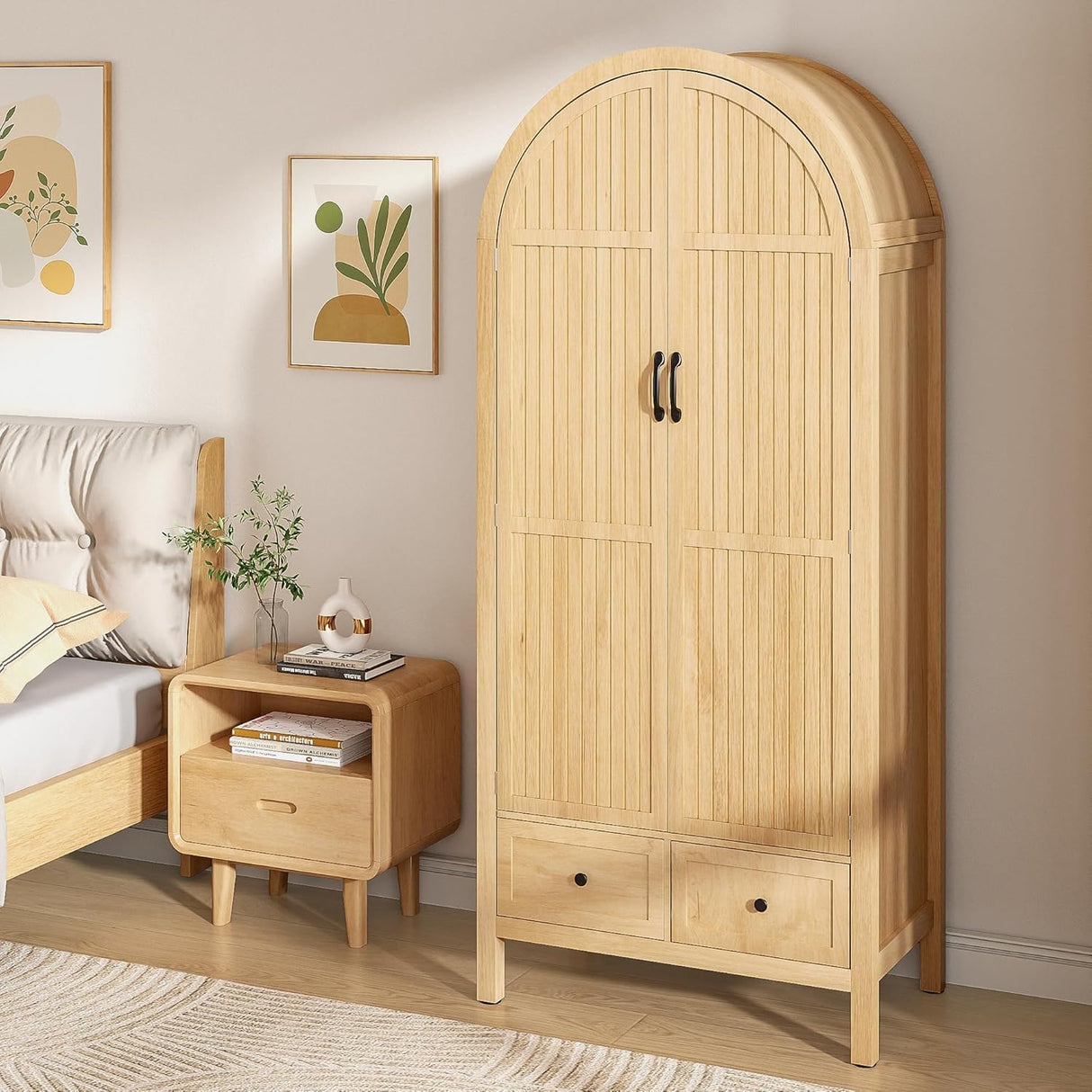 Lxsxlome Wardrobe Closet, Armoire Wardrobe Closet with Drawers and 2 Arched Fluted Doors, 70.87‘’ Tall Wooden Bedroom Armoires with Shelves and Hanging Rod (1, Wood Color) Lxsxlome
