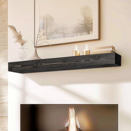 ABSWHLM 48x8x5 Fireplace Mantel - Handcrafted Hollow Rustic Solid Wood Wall Mounted Floating Shelf with Invisible Heavy Duty Wood Bracket (Weathered Black) ABSWHLM