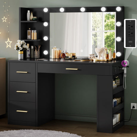 DWVO Vanity Desk with Mirror, Large Makeup Table with Power Outlets, 11 LED Bulbs, 3 Adjustable Light Modes, 4 Drawers and Built-in Shelves, Hollywood Dressing Vanity Desk Set for Bedroom, Black DWVO