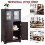Tangkula Brown Freestanding Bathroom Floor Cabinet with Glass Doors and Adjustable Shelf Tangkula